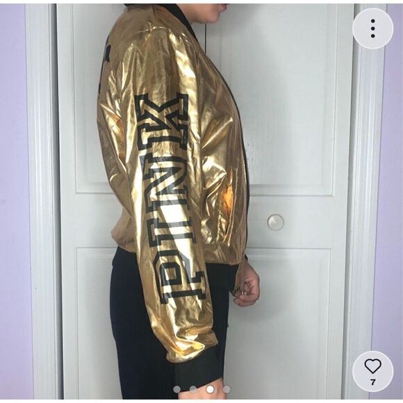 VS PINK bomber Jacket metallic gold foil black sz large - Picture 4 of 10